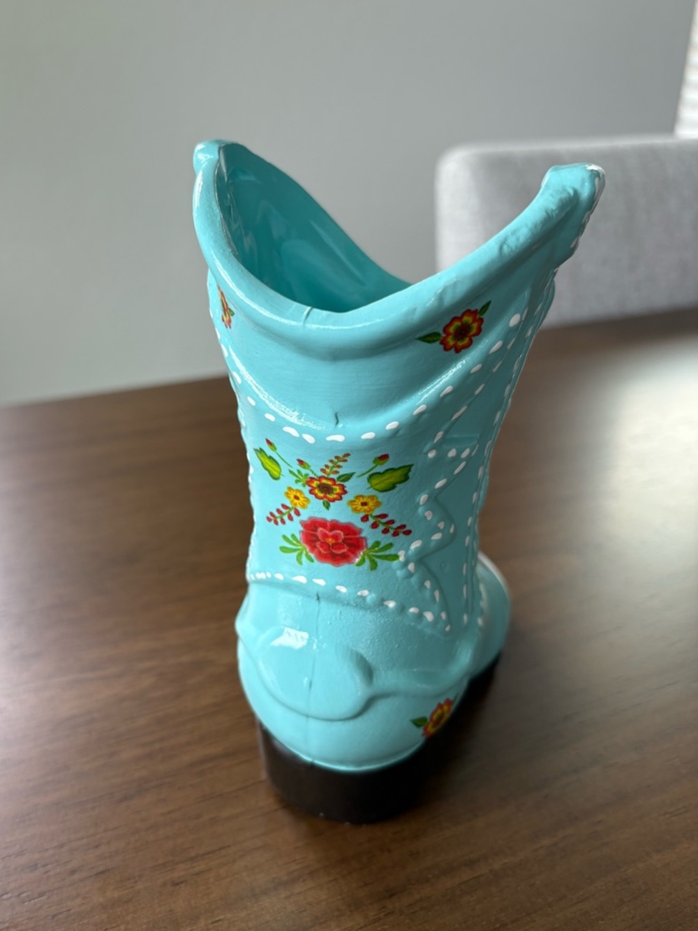 Turquoise Ceramic Cowboy Boot Vase with Floral Accents - Picture 5 of 6